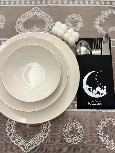 Gümüş Yaldızlı Siyah Hoşgeldin Ramazan Yeni Ay Desenli Cepli Peçete 12 li