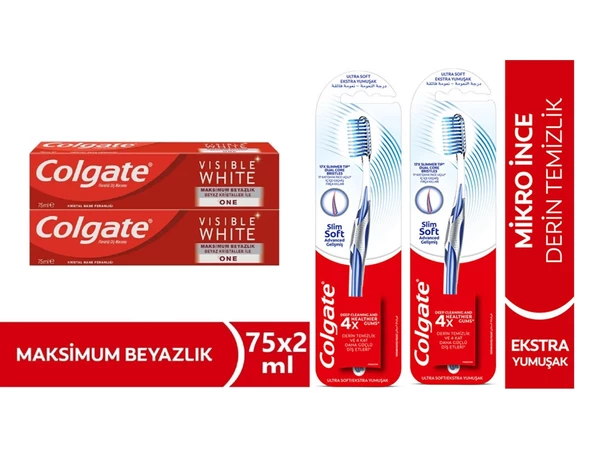 Colgate Visible White Maksimum Beyazlık Diş Macun 75 ml + Mikro Ince Advanced Manuel Diş Fırçası 2+2