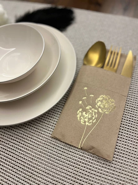 Gold Yaldızlı Kraft Cepli Hindiba Çiçeği Peçete 12 Adet ürün görseli 1