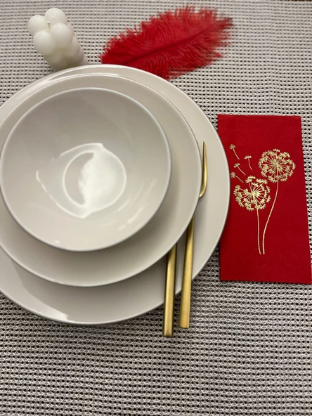 Gold Yaldızlı Kırmızı Hindiba Çiçeği Baskılı Garson Katlama Peçete 16 lı