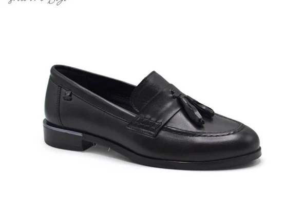 VENÜS 2455202K DÜZ TOPUK PÜSKÜLLÜ DERİ LOAFER KADIN AYAKKABI - 2