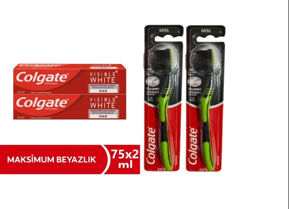 Colgate Visible White Maksimum Beyazlık Diş Macun 75 ml+Colgate Süper Clean Black Orta Diş Fırça 2+2