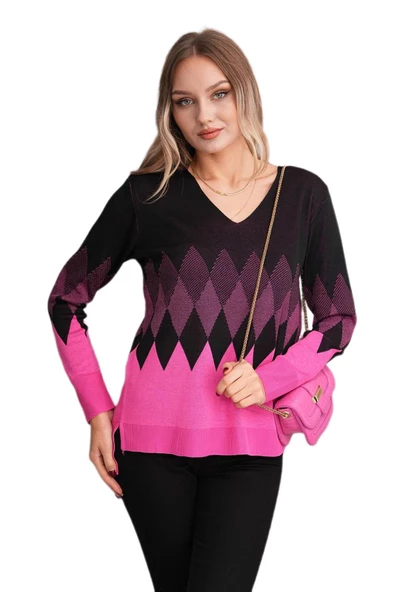 Kadın V Yaka Baklava Desen Kazak 12807 BGL-ST04104 - Resim 8