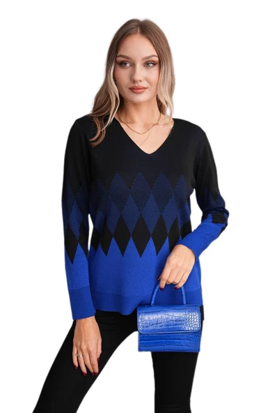 Kadın V Yaka Baklava Desen Kazak 12807 BGL-ST04104 - Resim 10