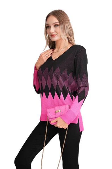 Kadın V Yaka Baklava Desen Kazak 12807 BGL-ST04104 - Resim 6