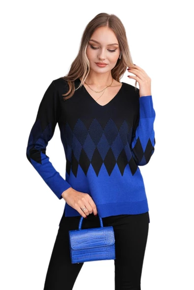 Kadın V Yaka Baklava Desen Kazak 12807 BGL-ST04104 - Resim 9