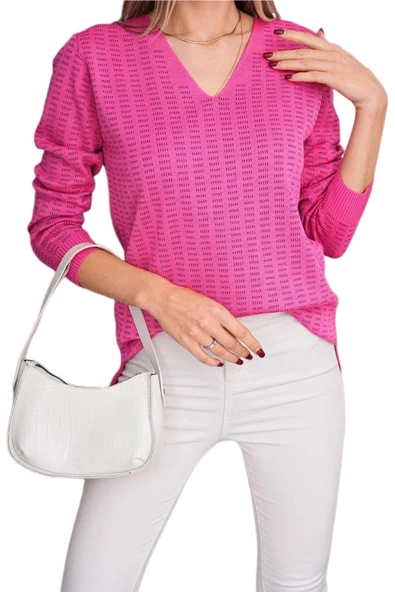 Kadın V Yaka Simli Kazak 12809 BGL-ST04106 - Resim 3