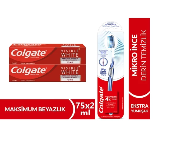 Colgate Visible White Maksimum Beyazlık Diş Macunu 75 Ml 2 Adet + 1 Adet Diş Fırçası Slim Soft