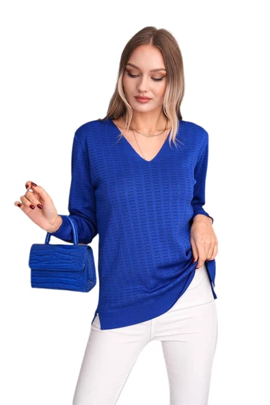 Kadın V Yaka Simli Kazak 12809 BGL-ST04106 - Resim 11