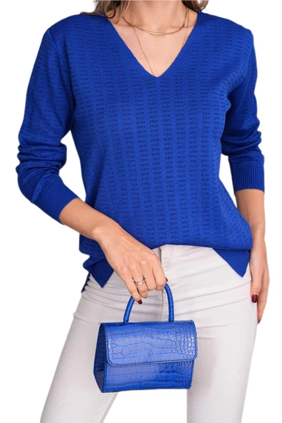 Kadın V Yaka Simli Kazak 12809 BGL-ST04106 - Resim 9