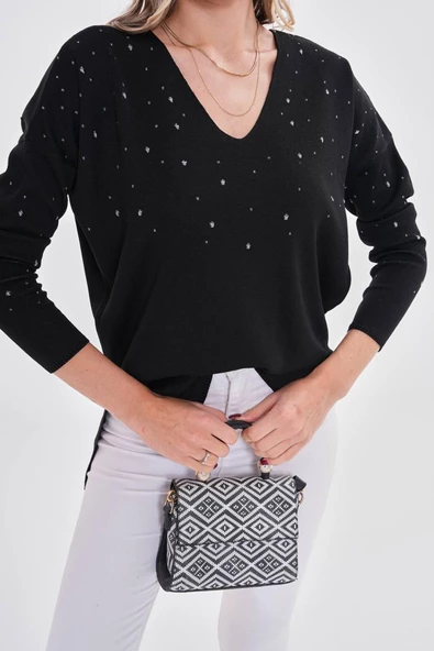 Kadın V Yaka Simli Kazak 12801 BGL-ST04105 - Resim 6