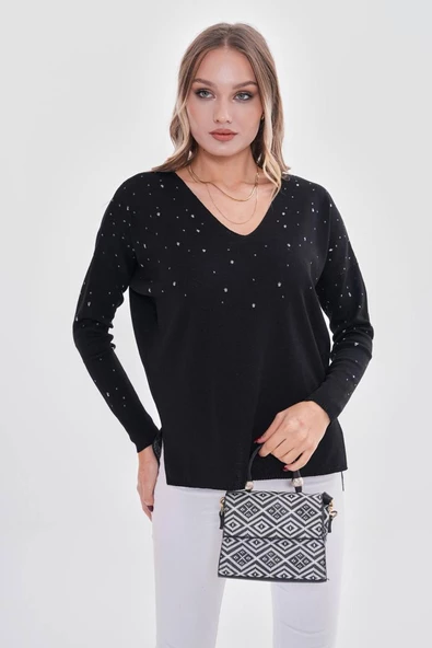 Kadın V Yaka Simli Kazak 12801 BGL-ST04105 - Resim 7