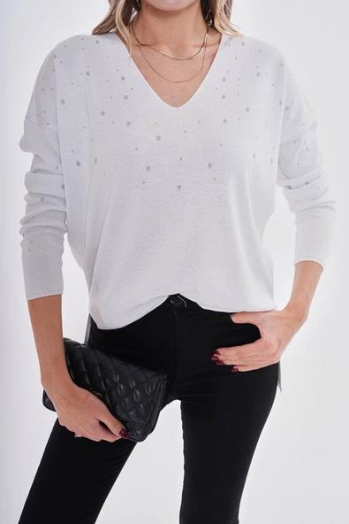 Kadın V Yaka Simli Kazak 12801 BGL-ST04105 - Resim 3