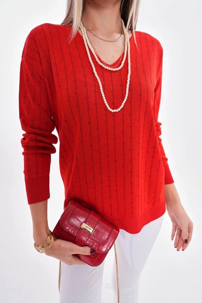 Kadın V Yaka Simli Kazak 12799 BGL-ST04107 - Resim 11