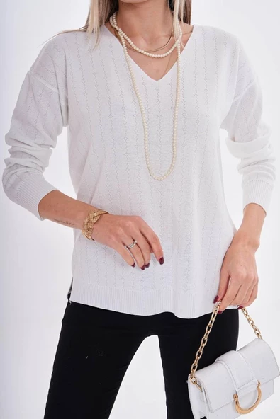 Kadın V Yaka Simli Kazak 12799 BGL-ST04107 - Resim 2