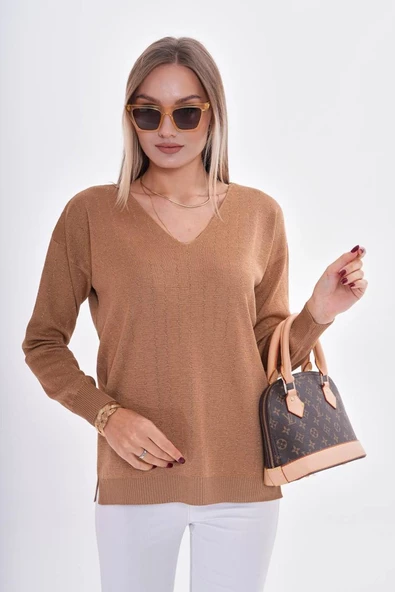 Kadın V Yaka Simli Kazak 12799 BGL-ST04107 - Resim 5