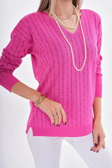 Kadın V Yaka Simli Kazak 12799 BGL-ST04107 - Resim 8