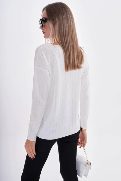 Kadın V Yaka Simli Kazak 12799 BGL-ST04107 - Resim 3