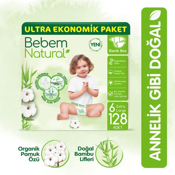 Bebem Natural Bebek Bezi 6 Beden Ekstra Large Ultra Ekonomik Paket 128 Adet