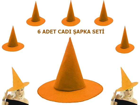 Parti Aksesuar Turuncu Renk Keçe Cadı Şapkası Yetişkin Çocuk Uyumlu 6 Adet - 2