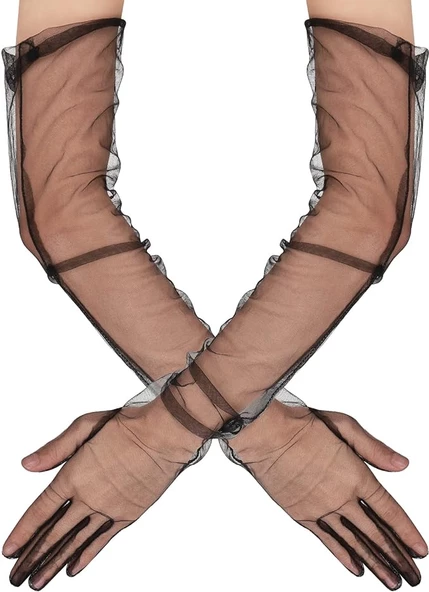 Uzun Boy Likralı Siyah Renk Yetişkin Mega Tül Eldiven 53 cm ürün görseli