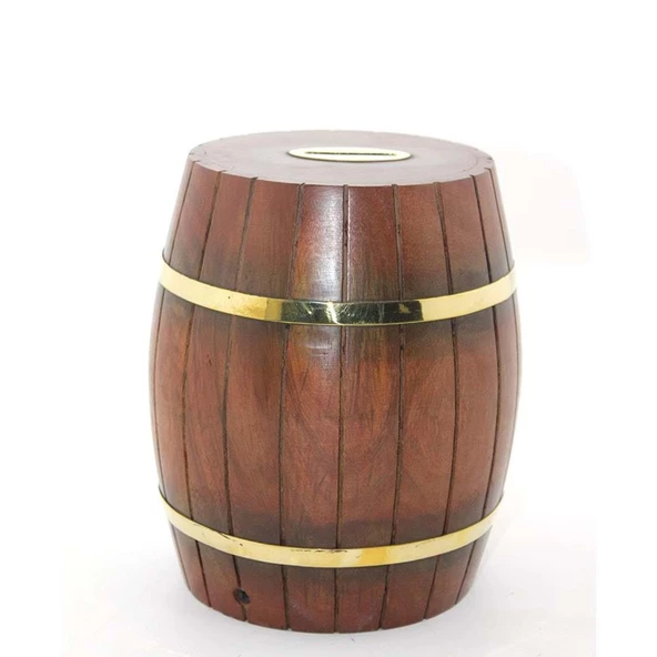 Pirinç Ahşap Fıçı Kumbara 18 Cm - 2