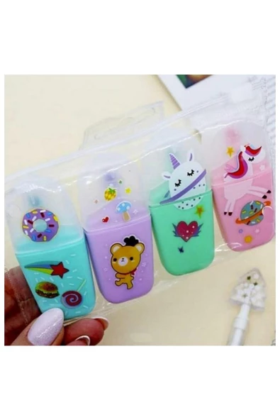 Şeker Unicorn Fosforlu Kalem 4 Renk 1 Paket 4 lü Mini Unicorn İşaretleme Kalemi Şeffaf Kalemlik İçinde