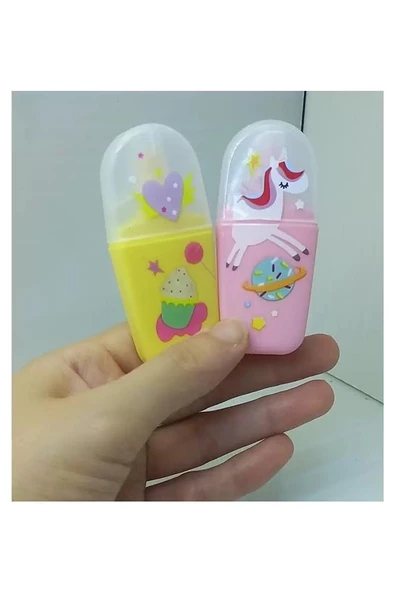 Şeker Unicorn Fosforlu Kalem 4 Renk 1 Paket 4 lü Mini Unicorn İşaretleme Kalemi Şeffaf Kalemlik İçinde - 2