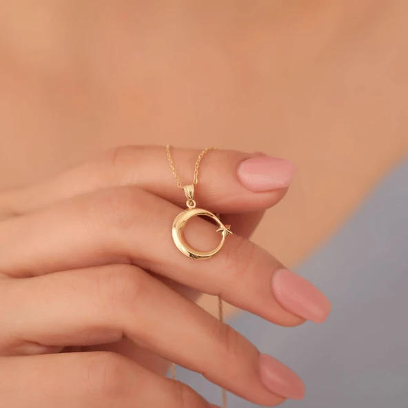 925 Ayar Altın Kaplama Ay Yıldız Gümüş Kolye - CN00409 ürün görseli 1