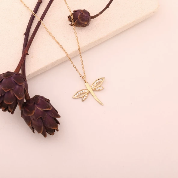 925 Ayar Altın Kaplama Zarif Taşlı Yusufçuk Gümüş Kolye - CNS00406 - Resim 5