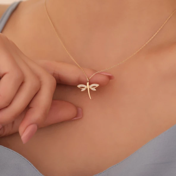 925 Ayar Altın Kaplama Zarif Taşlı Yusufçuk Gümüş Kolye - CNS00406 - Resim 2