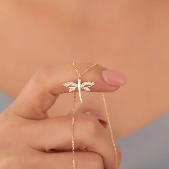 925 Ayar Altın Kaplama Zarif Taşlı Yusufçuk Gümüş Kolye - CNS00406 ürün görseli 1