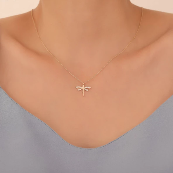 925 Ayar Altın Kaplama Zarif Taşlı Yusufçuk Gümüş Kolye - CNS00406 - Resim 3