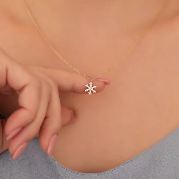 925 Ayar Mikron Altın Kaplama Minimal Taşlı Kar Tanesi Gümüş Kolye - CNS00407 - Resim 2