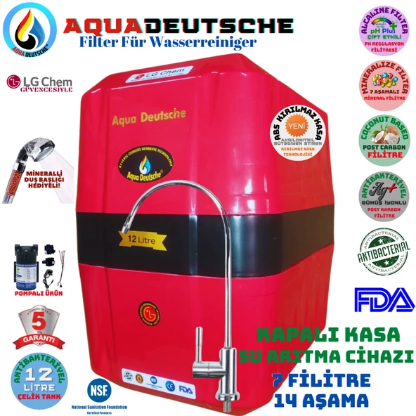 AQUA DEUTSCHE KIRMIZI SİYAH POMPALI 12 LİTRE 7 FİLTRE 14 AŞAMA SU ARITMA CİHAZI