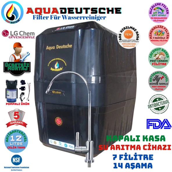 AQUA DEUTSCHE SİYAH POMPALI MONTAJ DAHİL 12 LİTRE 7 FİLTRE 14 AŞAMA SU ARITMA CİHAZI