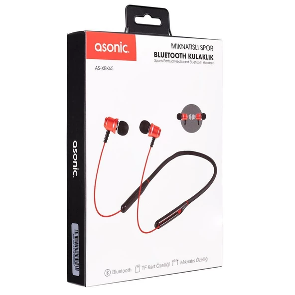 Asonic AS-XBK65 Kırmızı Boyun Askılı Mıknatıslı Bluetooth+TF Kart Spor Kulak içi Kulaklık - 2