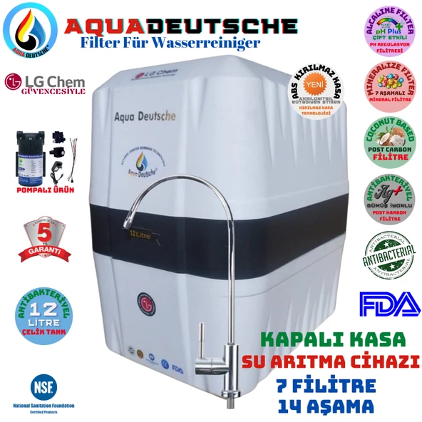 AQUA DEUTSCHE BEYAZ SİYAH POMPALI 12 LİTRE 7 FİLTRE 14 AŞAMA SU ARITMA CİHAZI