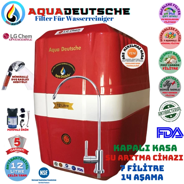 AQUA DEUTSCHE  KIRMIZI BEYAZ POMPALI 12 LİTRE 7 FİLTRE 14 AŞAMA SU ARITMA CİHAZI