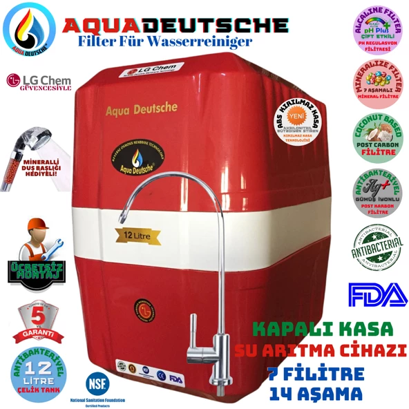 AQUA DEUTSCHE KIRMIZI BEYAZ MONTAJ DAHİL 12 LİTRE 7 FİLTRE 14 AŞAMA SU ARITMA CİHAZI