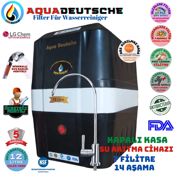 AQUA DEUTSCHE SİYAH BEYAZ MONTAJ DAHİL 12 LİTRE 7 FİLTRE 14 AŞAMA SU ARITMA CİHAZI