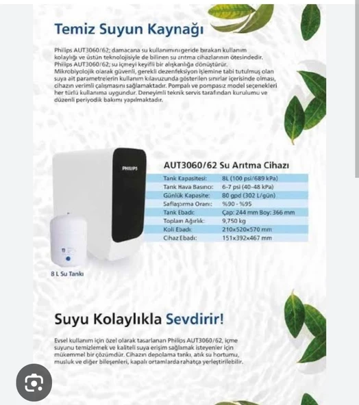 Philips Aut3060/62 Pompasız Su Arıtma Cihazı 8LT çelık tanklı - 2