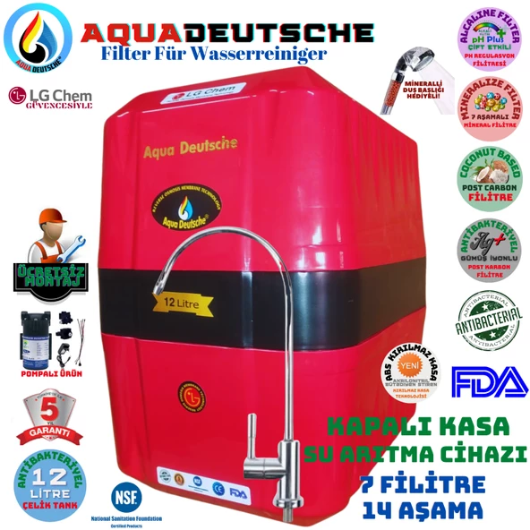 AQUA DEUTSCHE KIRMIZI SİYAH POMPALI MONTAJ DAHİL 12 LİTRE 7 FİLTRE 14 AŞAMA SU ARITMA CİHAZI ürün görseli
