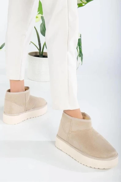 Fort Elanaz Süet İçi Kürklü Kalın Taban Mini Boy Bilekte Kısa Kadın Bot - Resim 11