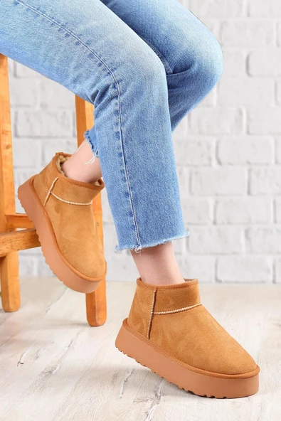 Fort Elanaz Süet İçi Kürklü Kalın Taban Mini Boy Bilekte Kısa Kadın Bot - Resim 9