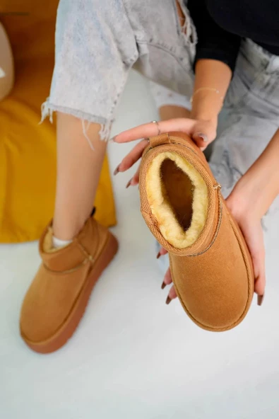 Fort Elanaz Süet İçi Kürklü Kalın Taban Mini Boy Bilekte Kısa Kadın Bot - Resim 6