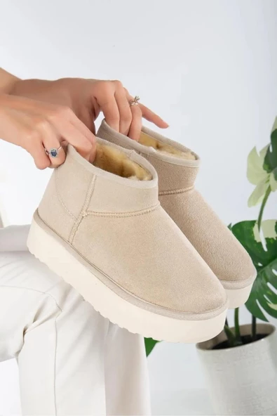 Fort Elanaz Süet İçi Kürklü Kalın Taban Mini Boy Bilekte Kısa Kadın Bot - Resim 12