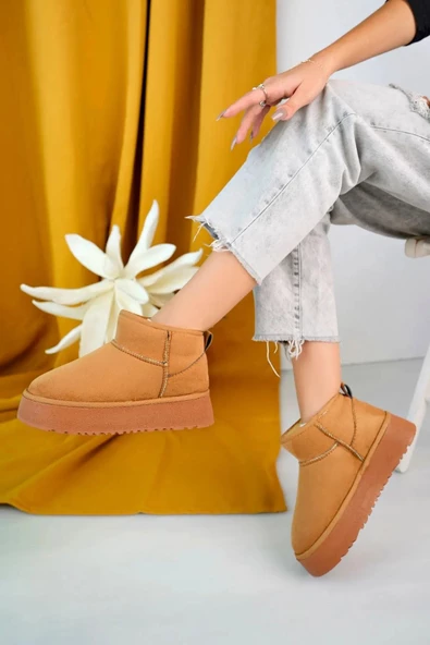 Fort Elanaz Süet İçi Kürklü Kalın Taban Mini Boy Bilekte Kısa Kadın Bot - Resim 7