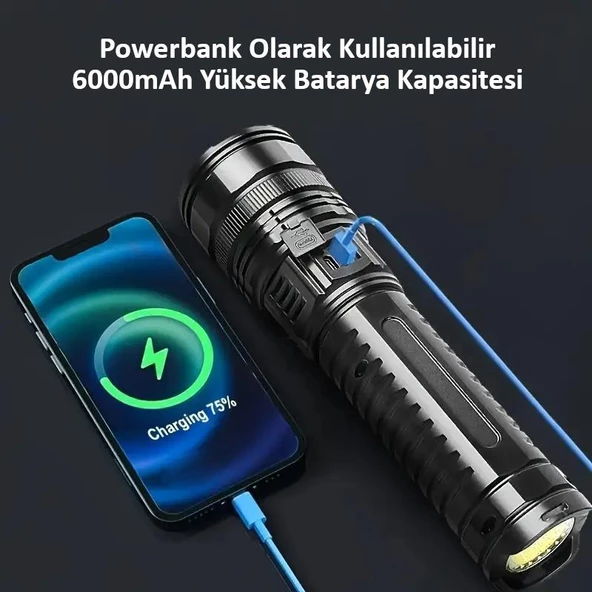 Valkyrie Ultra Güçlü Yüksek Parlaklık M80 LED Şarjlı El Feneri 6000mAh Powerbank - 6