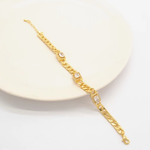 Çelik Bileklik Altın kaplama Kadın Baget Taşlı Figaro Model BLK-1057 - Resim 3